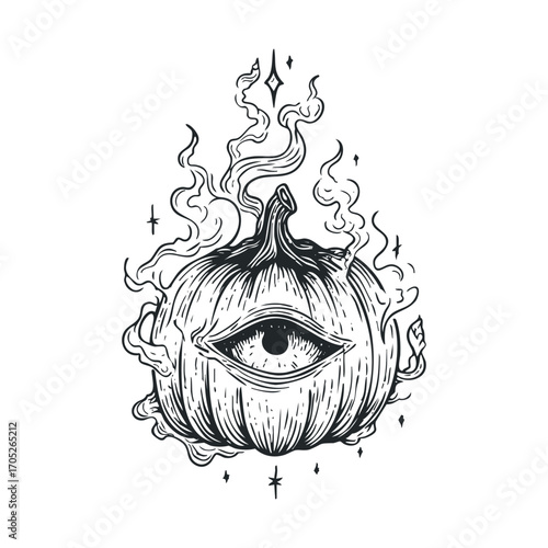 A mystical pumpkin with a single eye and smoke.