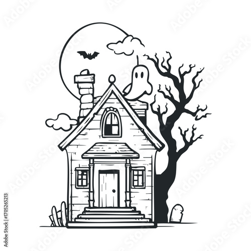 A haunted house with a ghost, bats, and a spooky tree.