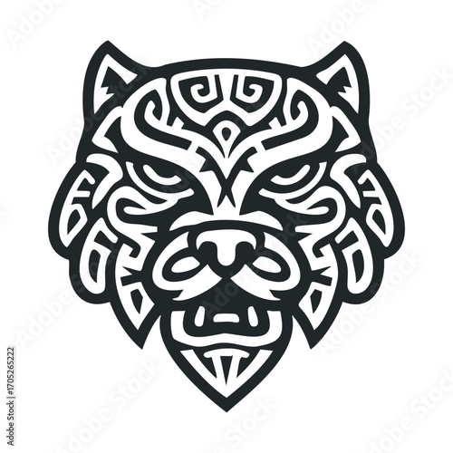 A stylized and intricate drawing of a tiger's head.