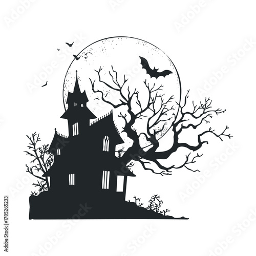 A spooky haunted house silhouette against a full moon.