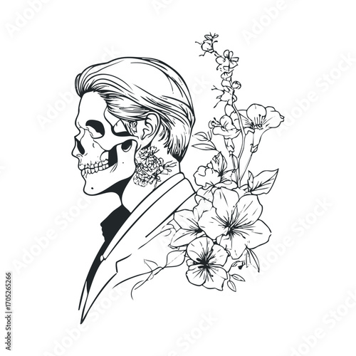 A skull-faced person with flowers behind their head.