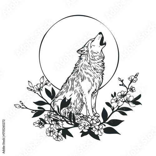 A wolf howls at the moon, surrounded by flowers.