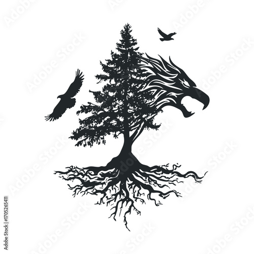 A pine tree with a roaring dragon head on its side.