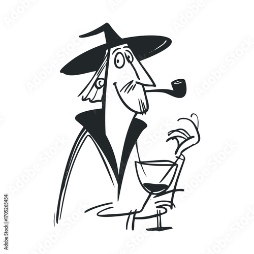 A man with a pipe and hat holds a glass.