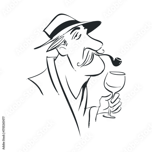  A sketch of a man with a pipe and glass of wine.