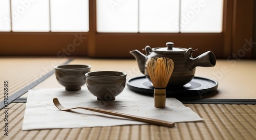 Wallpaper Mural Serene tea ceremony set on tatami mat before shoji screen; softly lit Torontodigital.ca
