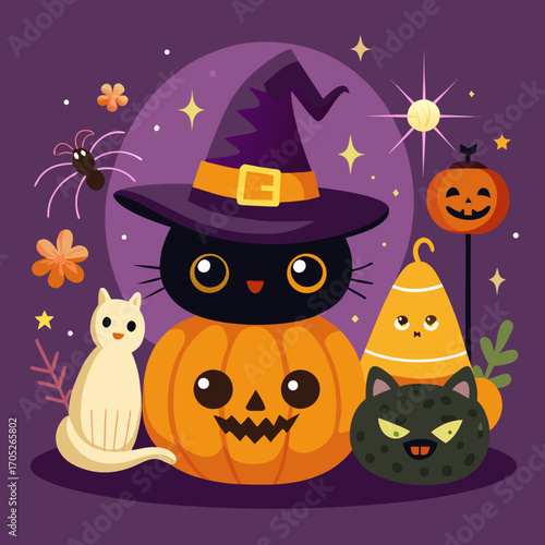 Cute halloween black cat with pumpkins and candy corn on purple background