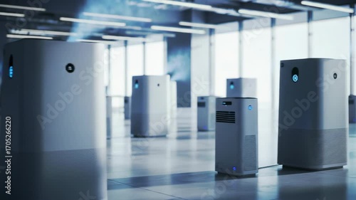 Group of air purifiers in a modern office. Clean air concept, technology for healthy lifestyle, environment, indoors.