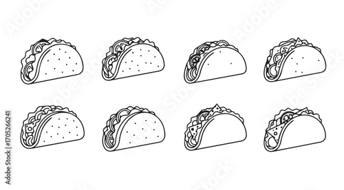 Eight detailed hand drawn tacos in a row silhouette