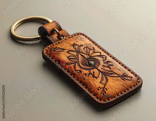 Brown Leather Keyring with Intricate Floral Design