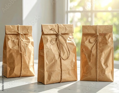 Brown Paper Food Bags with Twine Ties on White Table