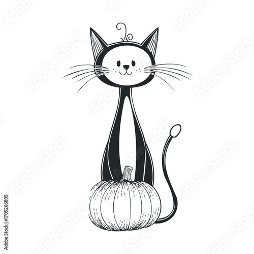 A tall, skinny black cat sitting on top of a pumpkin.