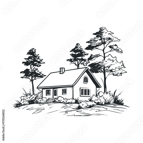 A sketch of a house surrounded by trees and bushes.