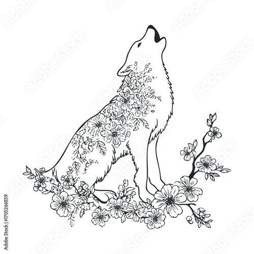A black and white sketch of a wolf made of flowers.