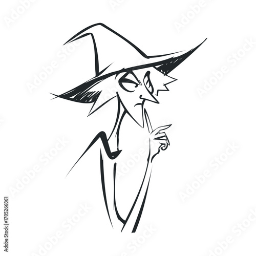 A black and white sketch of a witch shushing with her finger.