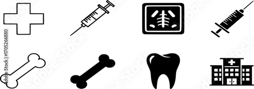 Set of medical and healthcare line and solid icons vector. icons such as medicine, injection, x-ray, bone, tooth, and hospital illustration