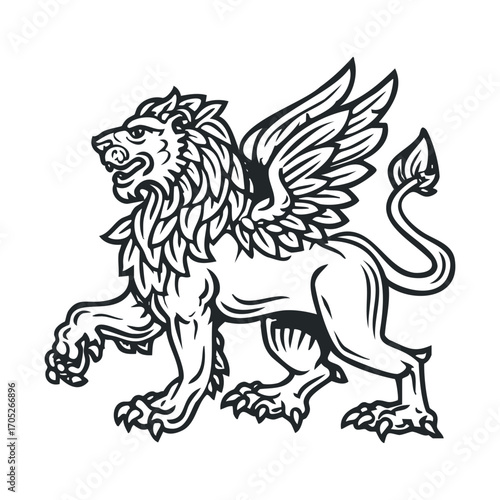 A black and white sketch of a winged lion.