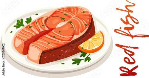 Cartoon Vector Icon of a Fresh Salmon Fillet Isolated on White background. Delightful illustration of a single, fresh red fish fillet. Perfect for menus, seafood restaurant websites