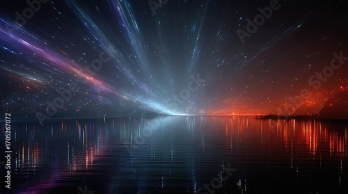 Neon Laser Light Rays Abstract Water Surface Background, Cyberpunk Style Blue Purple Red Colors for Poster and Cover Design