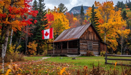 Rustic cabin with Canadian flag in autumn forest — wilderness pride, seasonal warmth, national retreat.