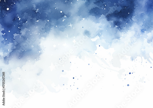 Dreamy watercolor painting of ethereal beauty of a serene night sky. Soft, fluffy clouds drift across the canvas in a mesmerizing dance of blues and whites, heavenly scene vector background. 