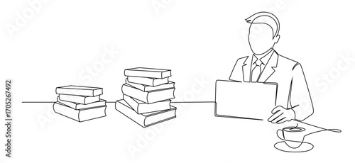 Continuous line art of a businessman working in front of a laptop with a cup of coffee and a pile of books beside him. Busy worker concept

