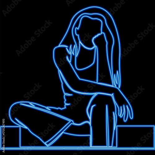 Young woman sitting and feeling bored icon neon glow vector illustration concept