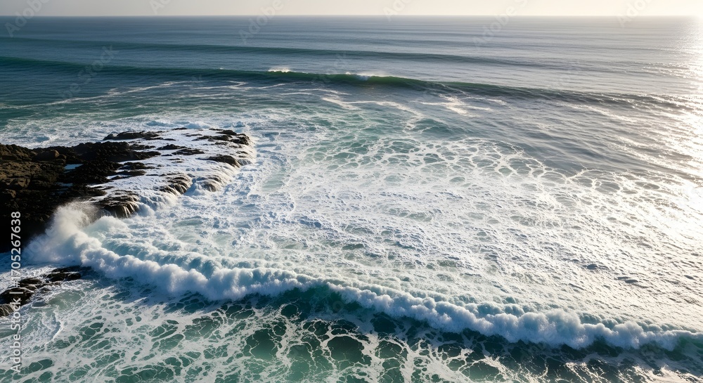 Fototapeta premium Ocean waves crashing on rocks creating sea foam.