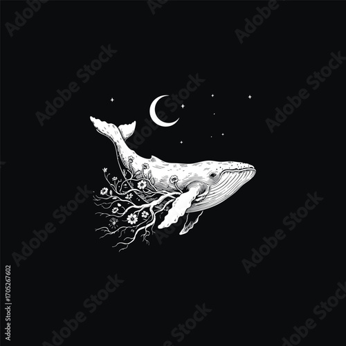 engraving of a humpback whale floats through a starry night sky. The whale's body is adorned with roots and delicate flowers, creating a surreal and magical scene