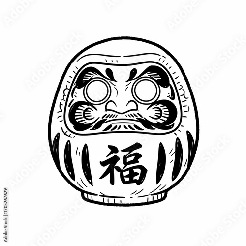 Black and white line art illustration of a Daruma doll with a character on its body.