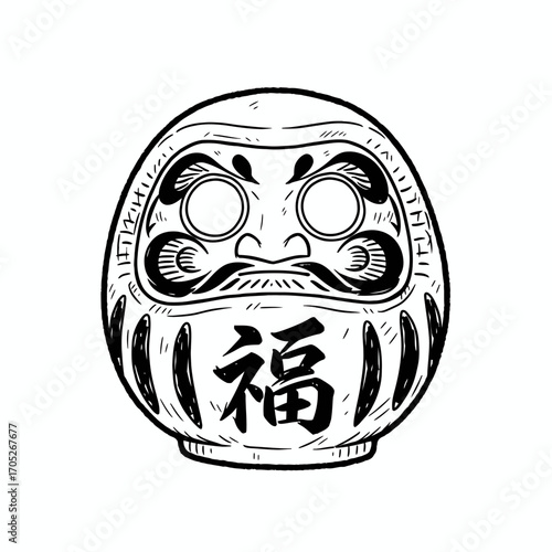 Black and white illustration of a Daruma doll with a Japanese character on its belly.