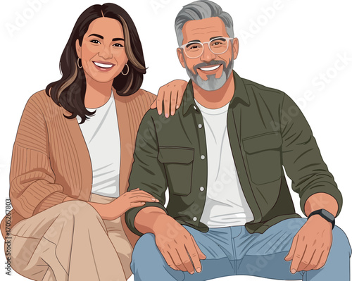 Happy, smiling middle-aged couple, warmly dressed, sharing a comfortable moment together.
