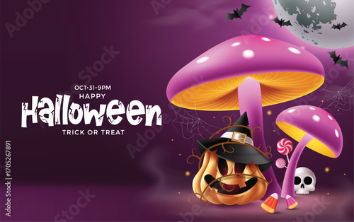 Colorful Halloween vector with pumpkin, mushrooms, skull, bats, lollipops, and full moon. Ideal for autumn greeting cards, festive party templates, and spooky trick or treat invitations.