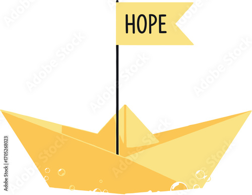 A simple yellow paper boat with the word HOPE on its flag sails through bubbly water, symbolizing optimism and new beginnings.
