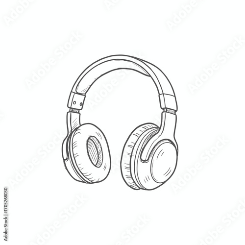 Hand-drawn illustration of over-ear headphones, showing a detailed design.