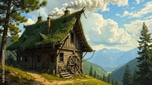Mountain wooden house art scene