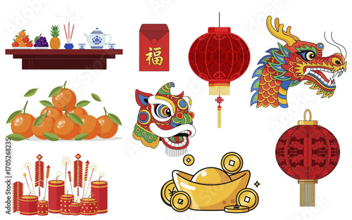 Vibrant Chinese New Year Icons Dragon Lanterns Oranges and Golden Ingots.