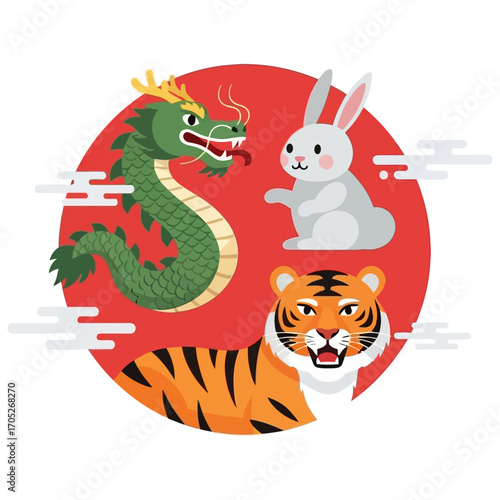 Cartoon Dragon Rabbit and Tiger in a Circular Design.