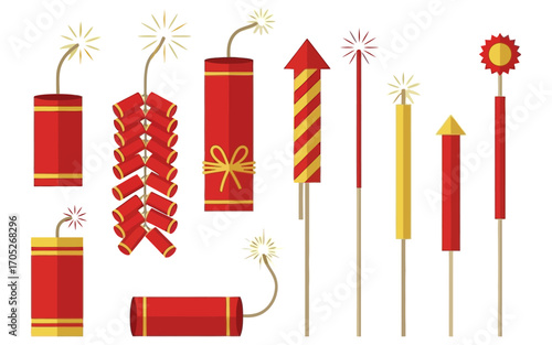 Assorted Colorful Fireworks and Firecrackers Displayed Against Transparent Background.