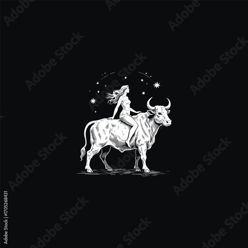 engraving of a woman riding a powerful bull vector template illustration