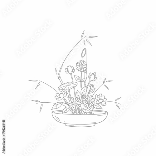 Elegant line drawing of a serene floral arrangement in a shallow bowl, featuring lotus flowers and bamboo.