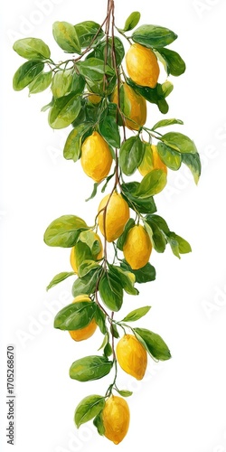 A vertical illustration of a lemon branch laden with ripe, yellow lemons and vibrant green leaves, hanging against a clean white background