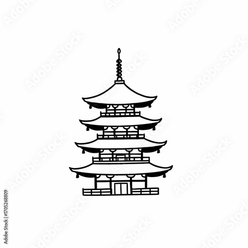 Black and white line drawing of a five-story Japanese pagoda with a spire on top, set against a white background.