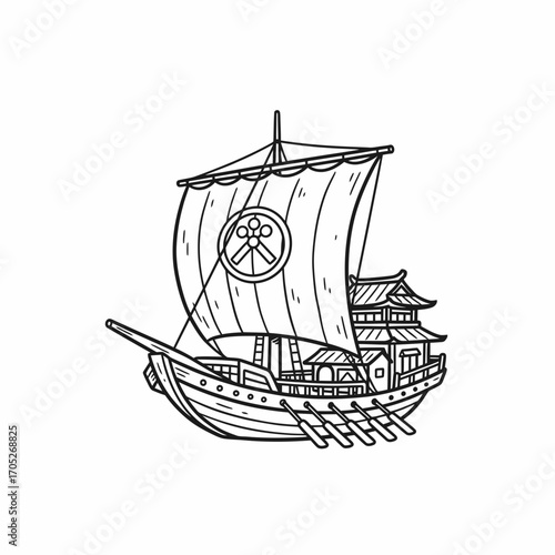 A traditional Japanese ship with a sail, oars, and a pagoda-like structure, depicted in a black and white line drawing.