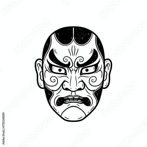 A stark black and white illustration of a traditional Japanese Noh theatre mask, depicting a fierce, scowling male character.