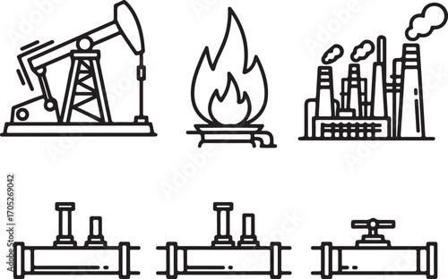 Outline Icons of Energy Industry: Oil, Gas, Refinery, and Pipelines