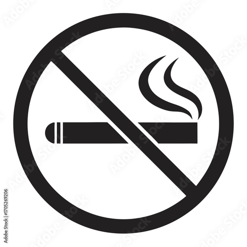 No Smoking Sign in Black and White with Cigarette and Smoke Icon on White Background symbol