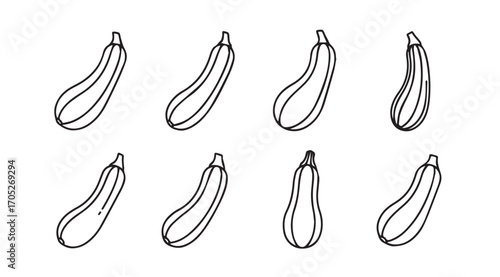 Collection of eight hand drawn zucchini vegetables in silhouette style