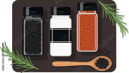 Three spice shakers with peppercorns and rosemary sprigs on a dark board