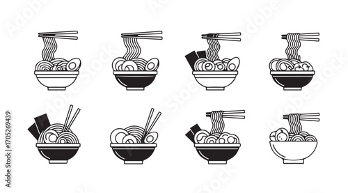 Collection of eight stylized ramen noodle bowls with chopsticks silhouette